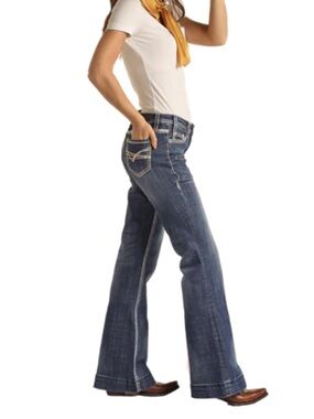Rock & Roll Denim Mid Rise Trouser Jeans Size 32 x 32 Stretch Flare Boot Cowgirl